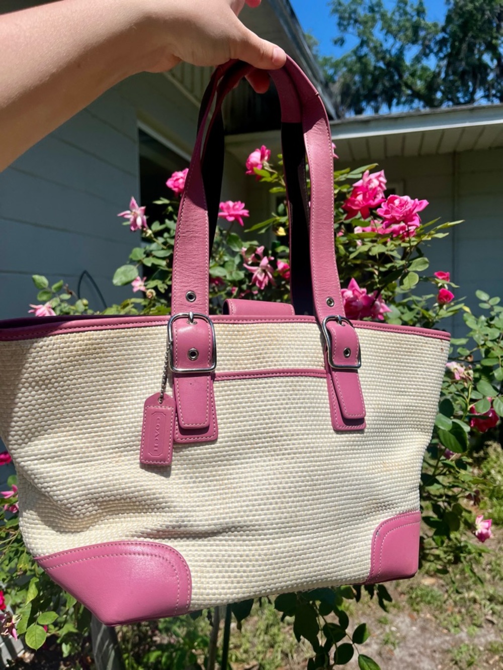 Coach Cream Woven Tote with Pink Trim